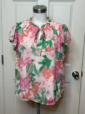 Cynthia Steffe Pink Lilly Crepe Ruffle Tie-Neck Top, Size Large